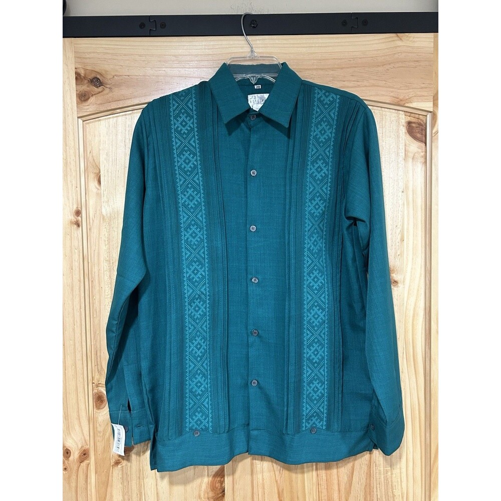 Guayabera Men’s Linen Shirt  Long Sleeve Embroidery Button Down Emerald Green 38
